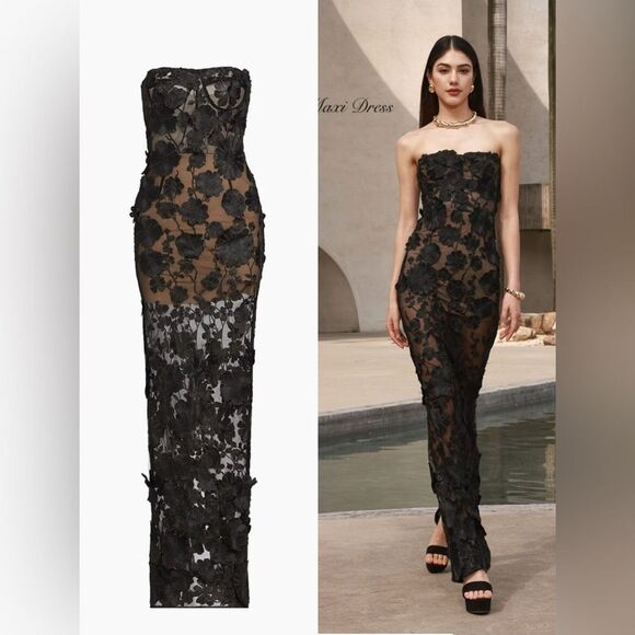 NWOT Bronx and Banco Jasmine Floral-Embroidered Sheer Maxi Dress Black - Picture 2 of 16